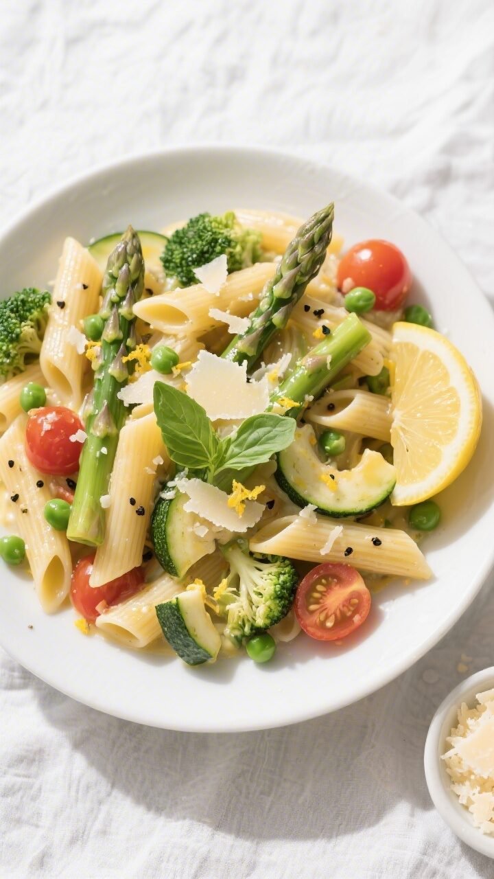 Final plated overhead: A top-down hero shot of Pasta Primavera tossed with penne, coated in a silky,