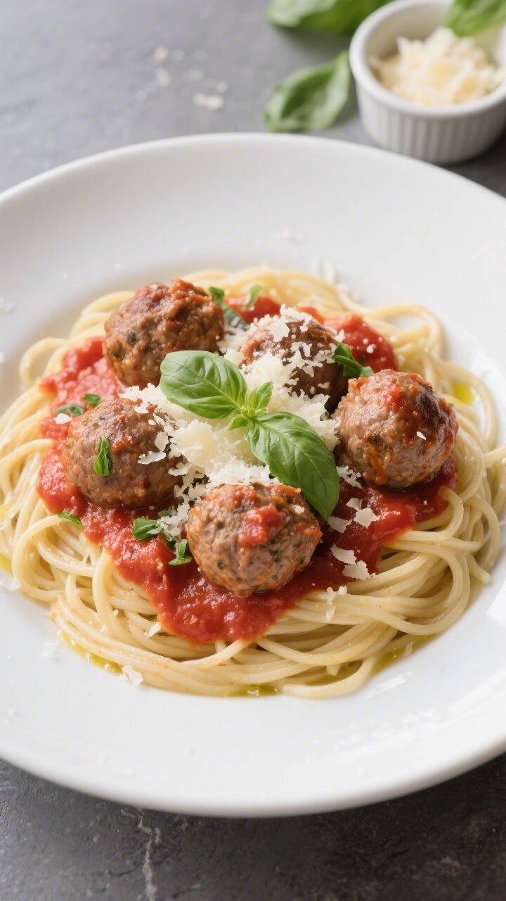 Final plated overhead: Elegant top-down shot of spaghetti topped with turkey meatballs in marinara; 