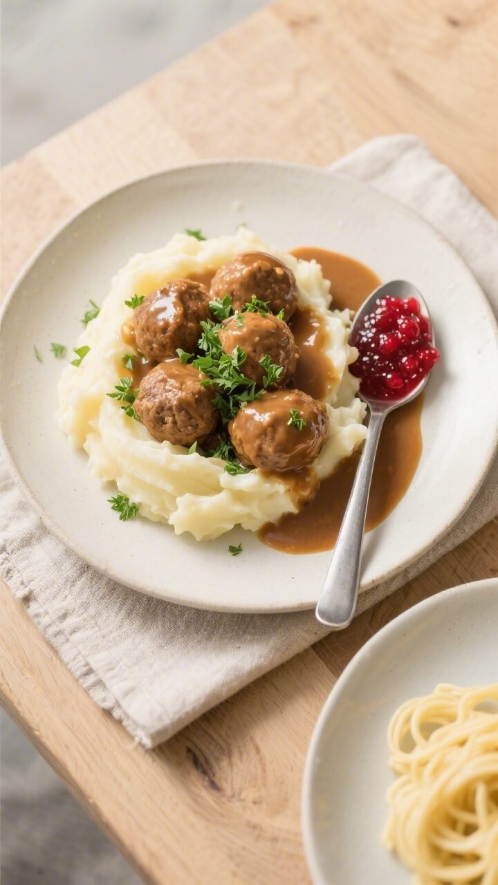 Final plated overhead: Swedish Meatballs with Gravy served over buttery mashed potatoes, coated in g