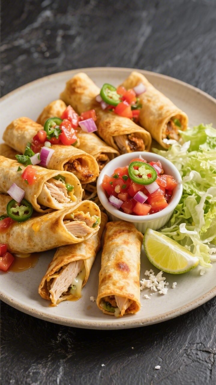 Overhead final presentation of a platter piled with golden, tightly rolled chicken flautas, deeply c