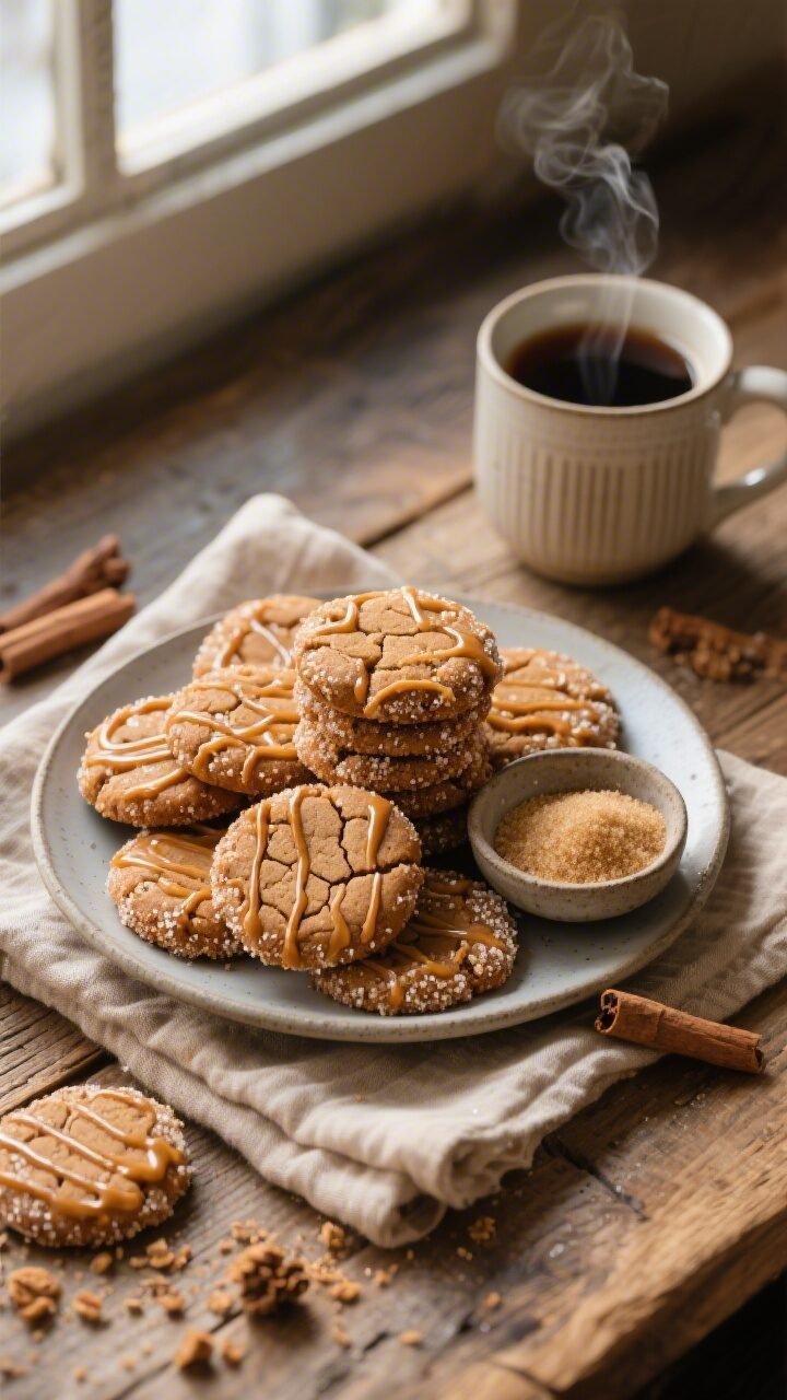 Overhead final presentation shot of a cozy cookie spread: a matte ceramic plate piled with Pumpkin G