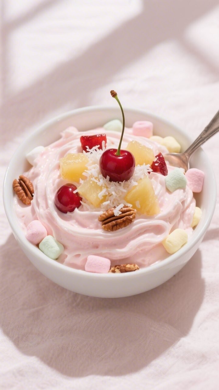 Overhead shot of a chilled bowl of Cherry Pineapple Marshmallow Fluff just before serving, airy and 