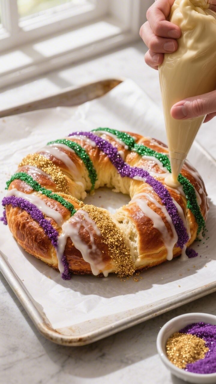 Overhead shot of a fully baked, cooled King Cake ring on a parchment-lined baking sheet, being finis